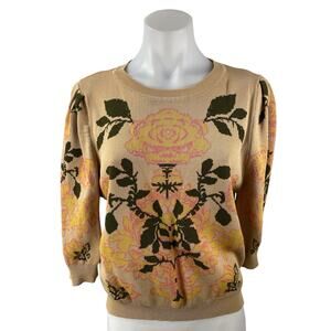 En Creme Women's Beige Tan Floral Long Sleeve Crew Neck Knit Sweater Top Sz M